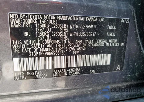 2022 Toyota Rav4 Xle z USA, uszkodzony, nr VIN 2T3P1RFV8NW266159